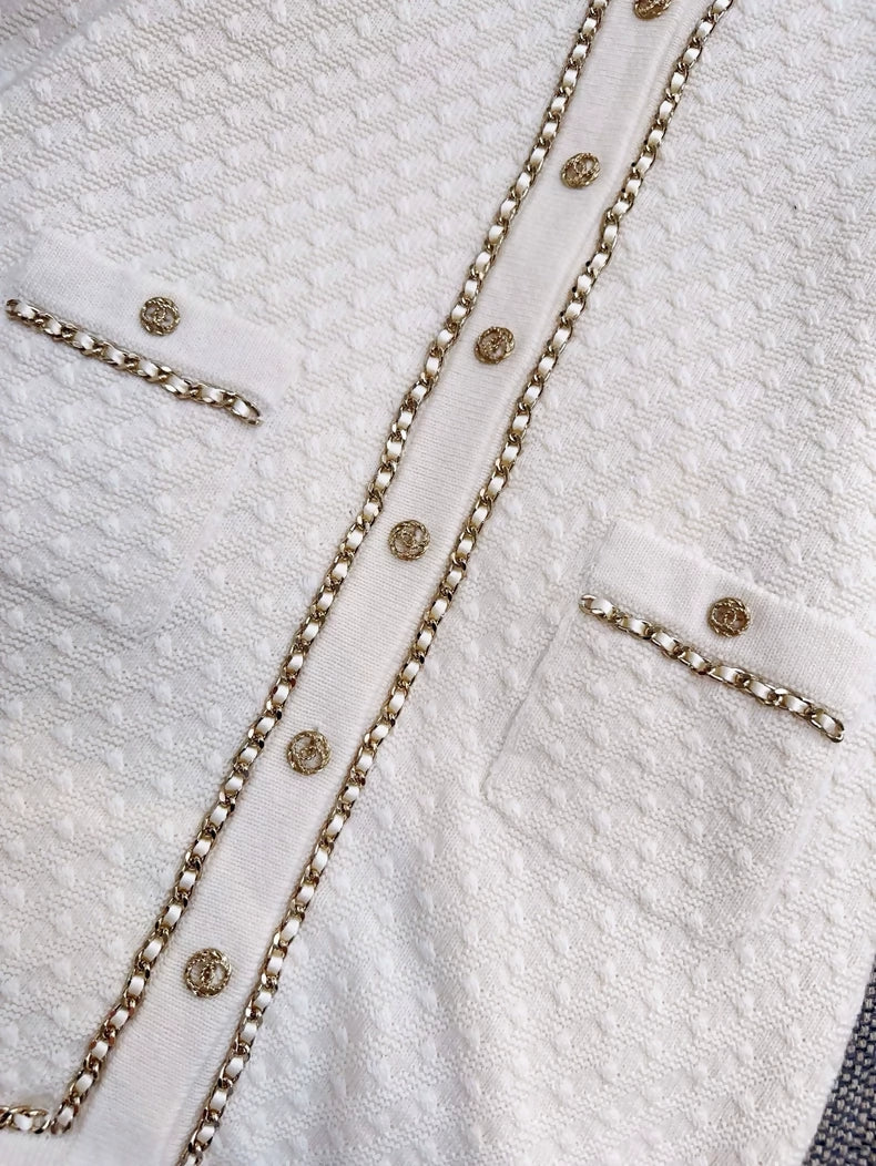 Chanel 23B off-white classic leather cashmere knit cardigan