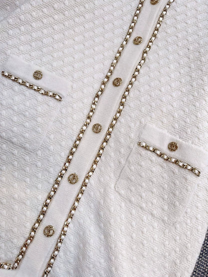 Chanel 23B off-white classic leather cashmere knit cardigan