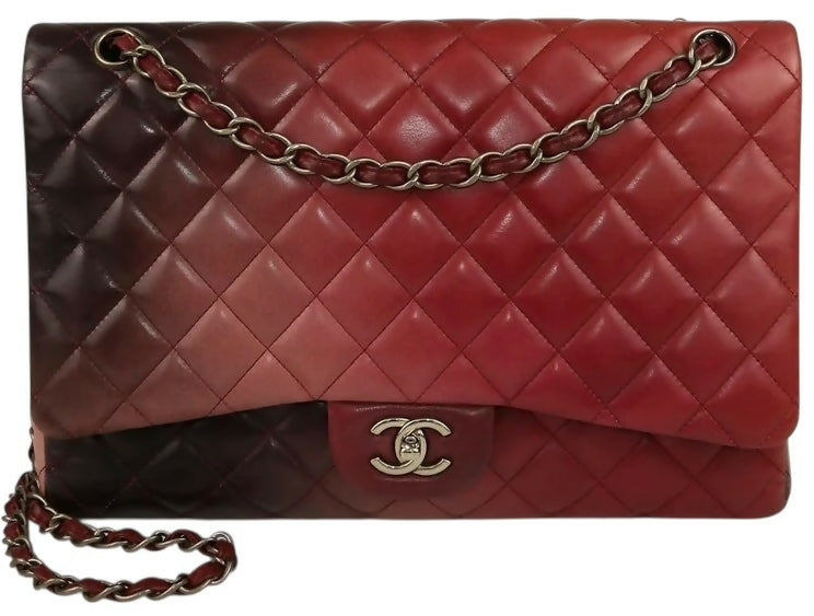 Chanel Maxi Ombre Degradé Pink Burgundy Quilted Leather Classic Single Flap Bag