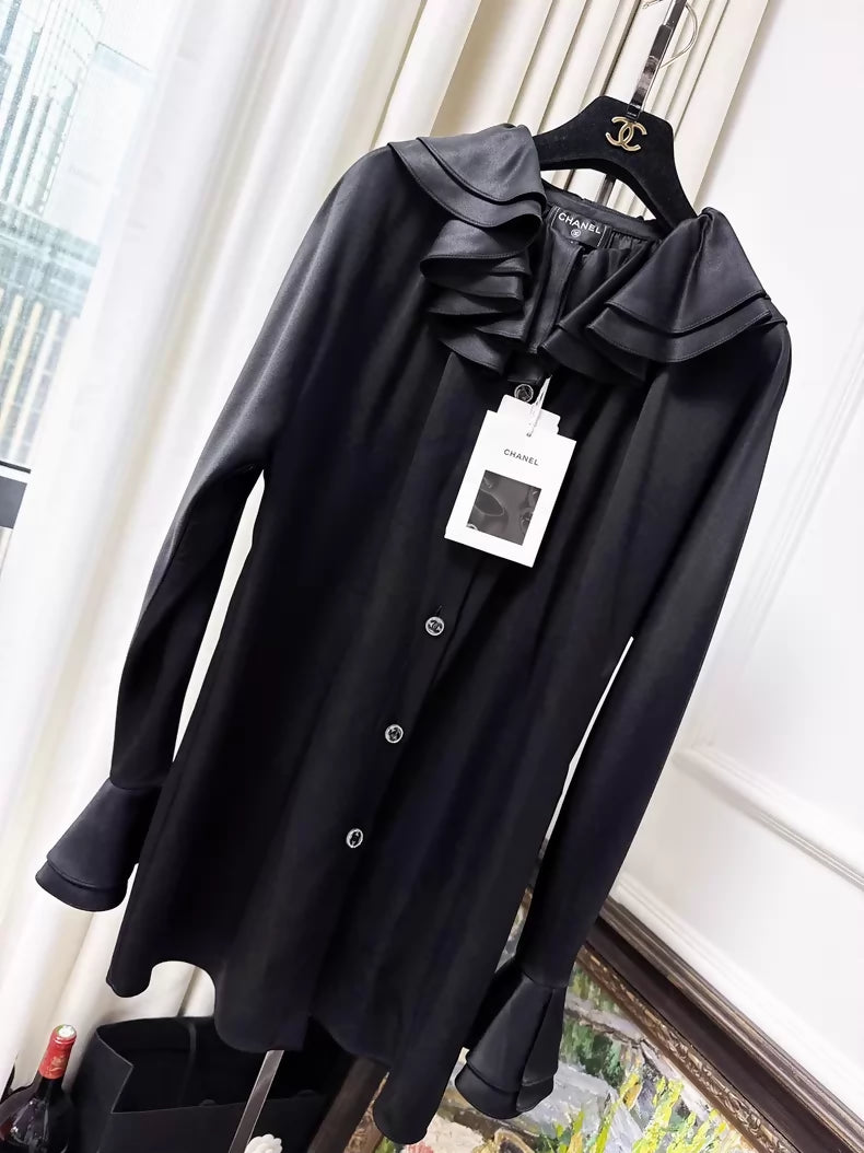 Chanel 23c black ruffled satin silk shirt