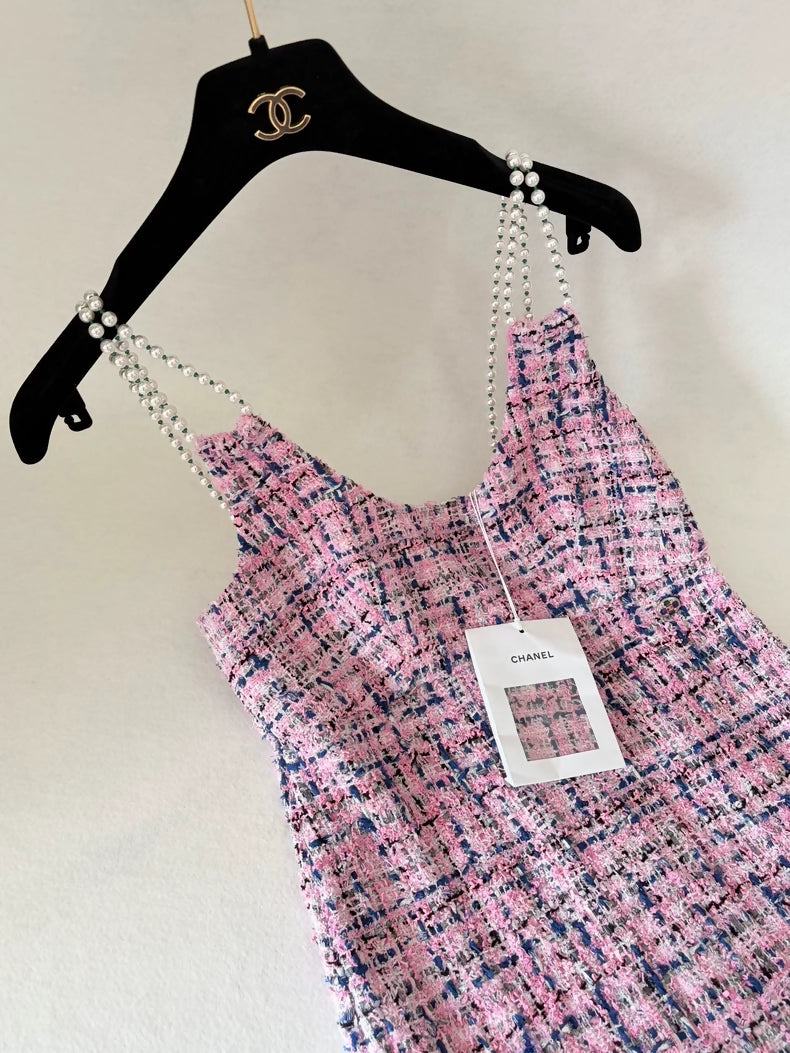 Chanel 23P Pink Tweed Pearl Dress