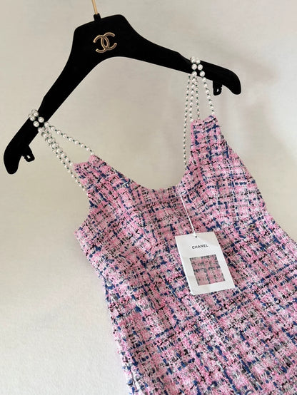Chanel 23P Pink Tweed Pearl Dress