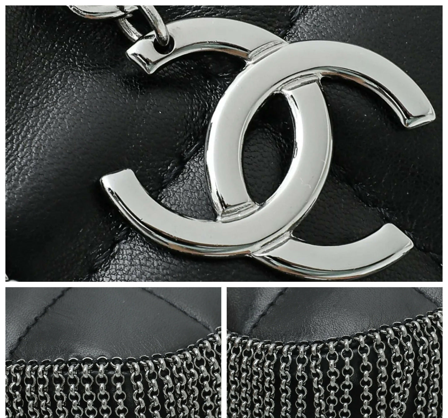 Rare Chanel 02A Mini Black Quilted Lambskin Silver CC Chain Fringe Bag