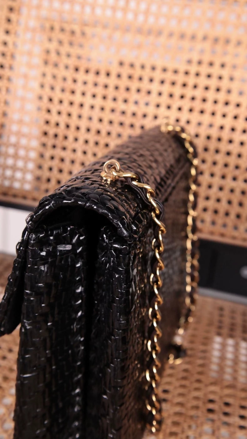 Chanel black and gold rattan CF jumbo shoulder bag