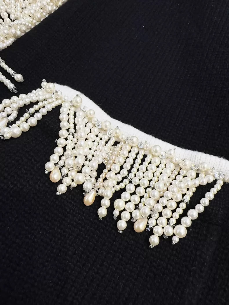 Chanel 21K pearl tassel and rhinestone black cashmere knit cardigan