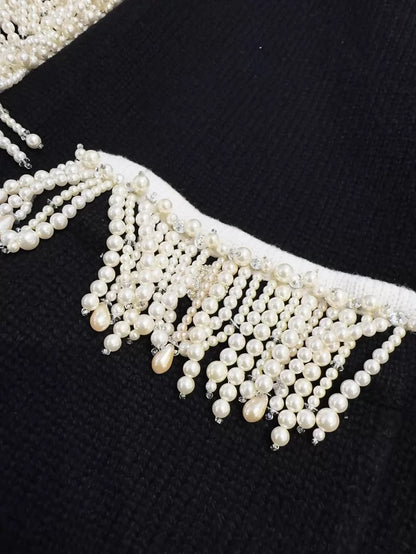 Chanel 21K pearl tassel and rhinestone black cashmere knit cardigan
