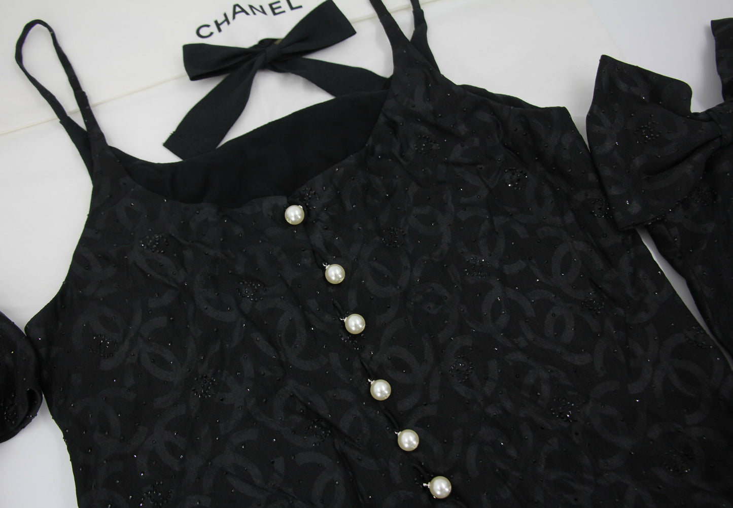 Chanel 2023 Silk Jacquard Embellished Glove Black Dress