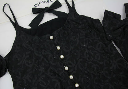Chanel 2023 Silk Jacquard Embellished Glove Black Dress