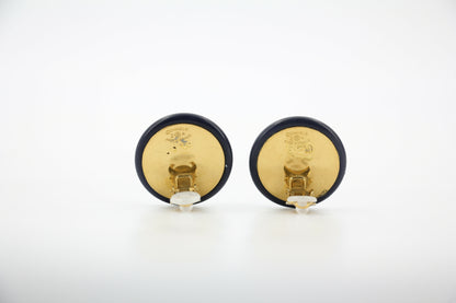 Chanel Vintage 87 Resin Navy Blue CC Logo Large Round Clip-on Earrings
