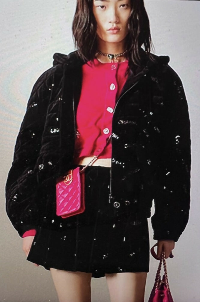 CHANEL 22B COCO NEIGE VELVET BLACK SEQUIN CC BOW SKIRT FR 38