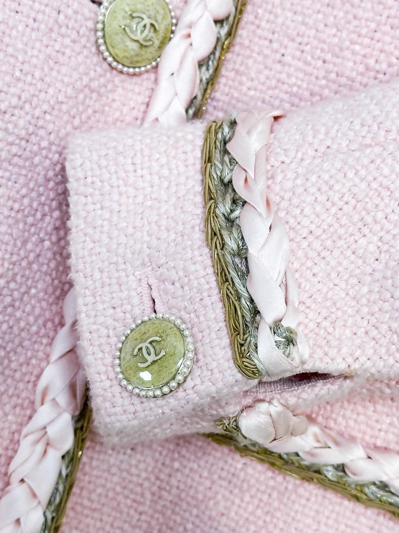 Chanel 16c pink satin lace-trimmed tweed jacket