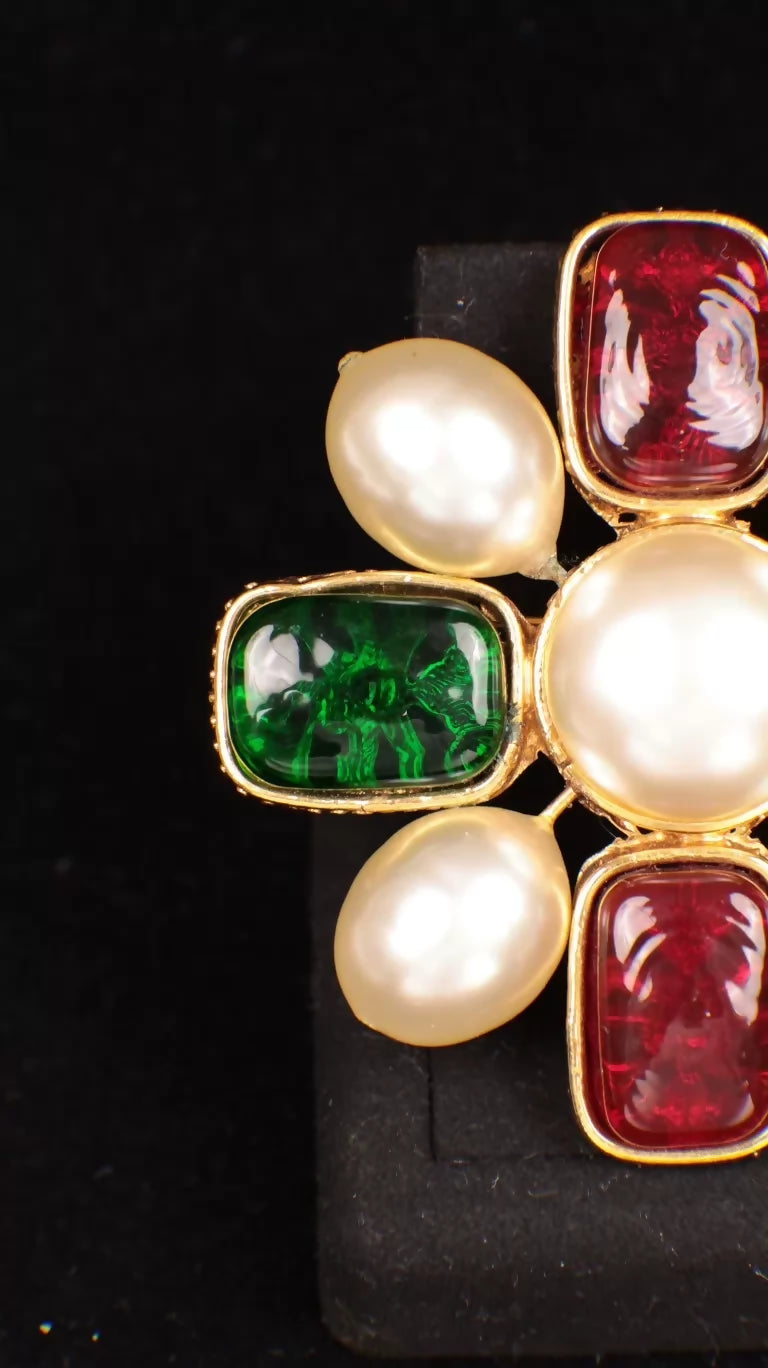 Chanel 1990 Red and Green Glass Pearl Cross Brooch