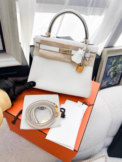 Hermes Kelly 25 mushroom white togo leather gold hardware