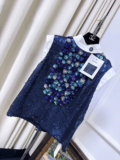Chanel 23C Blue Sequined Silver Purple Floral Top