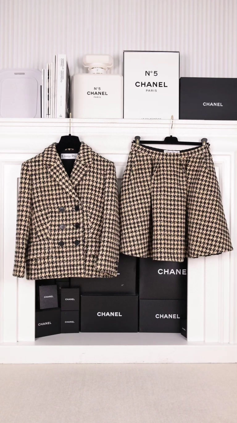 Dior Brown Houndstooth Blazer with Skirt Set