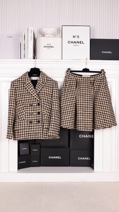 Dior Brown Houndstooth Blazer with Skirt Set