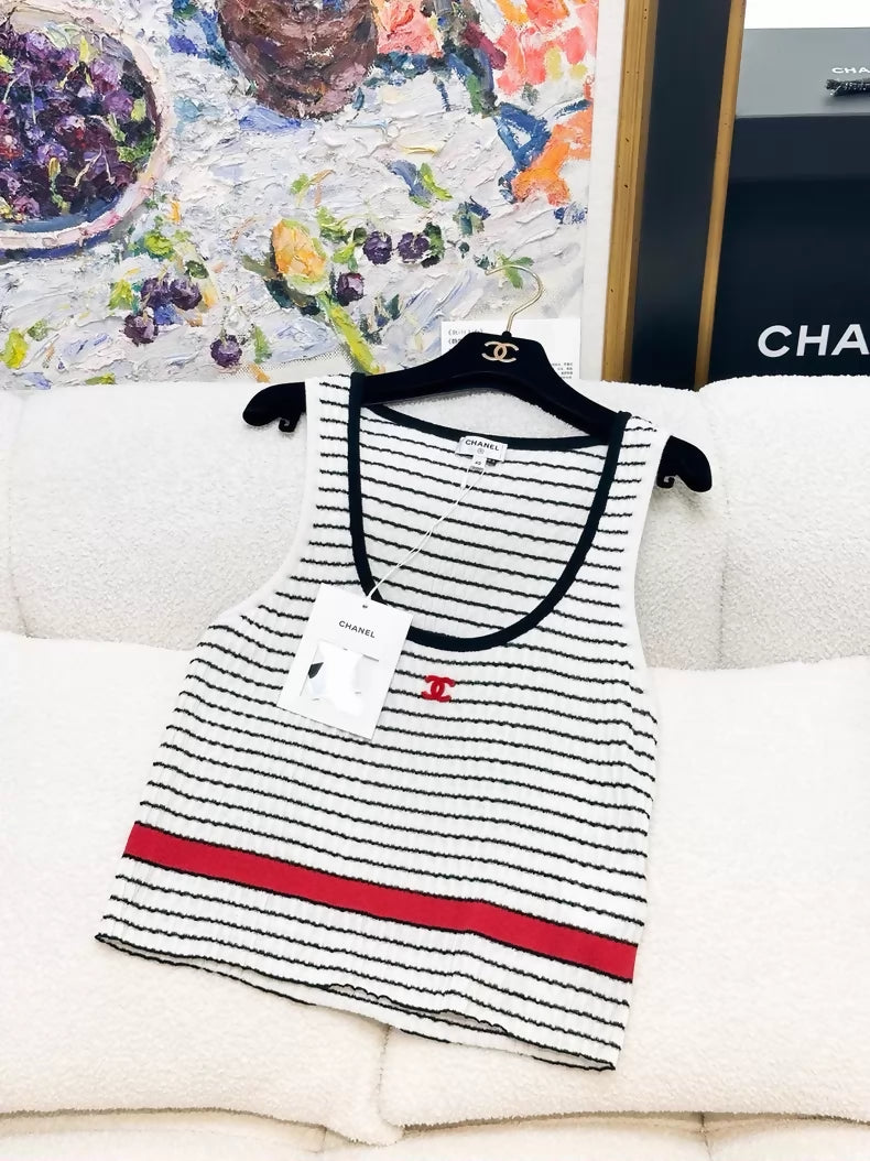 Chanel 24P white/red/black striped knit top