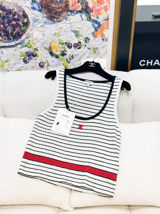Chanel 24P white/red/black striped knit top