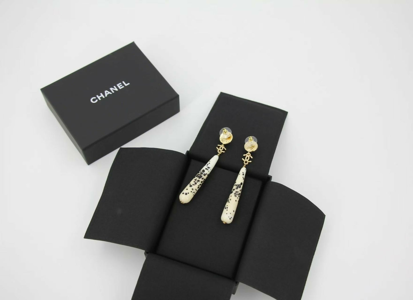 Chanel 26A Resin Polka Dot Black and White Drop Stud Earrings