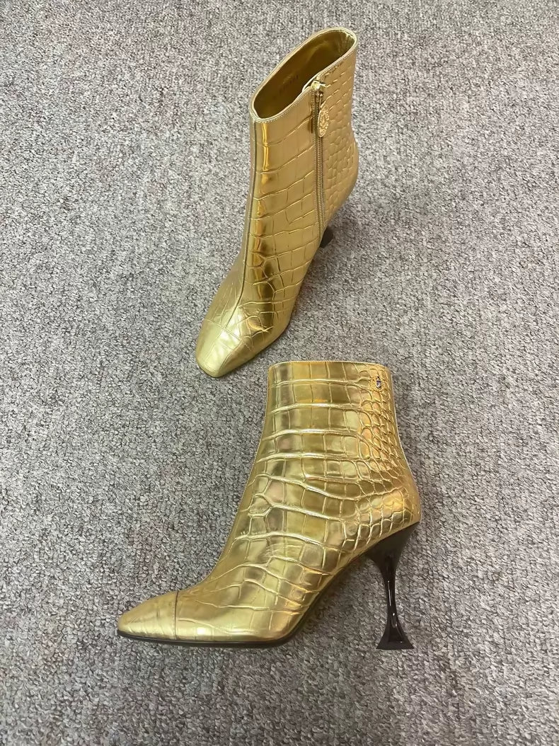 Chanel gold scarab beetle high-heeled boots