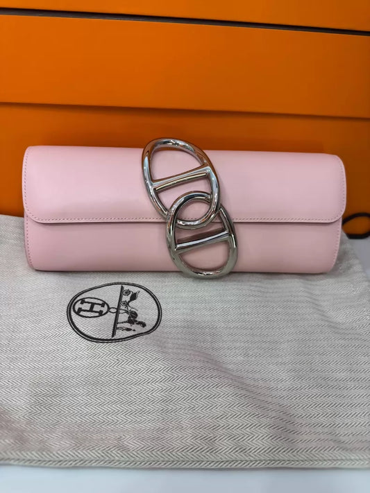 Hermes Egee clutch in pink box leather palladium hardware