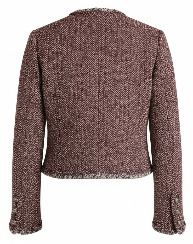 CHANEL 08A BURGUNDY GREY BRAIDED TRIM TWEED JACKET BLAZER FR 38