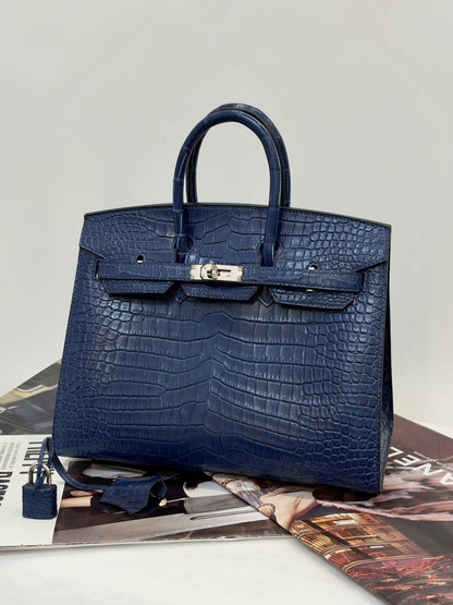 Hermès Birkin 25 Indigo Blue Dye / Bleu Indigo Shiny Porosus Crocodile with Palladium Hardware B Stamp