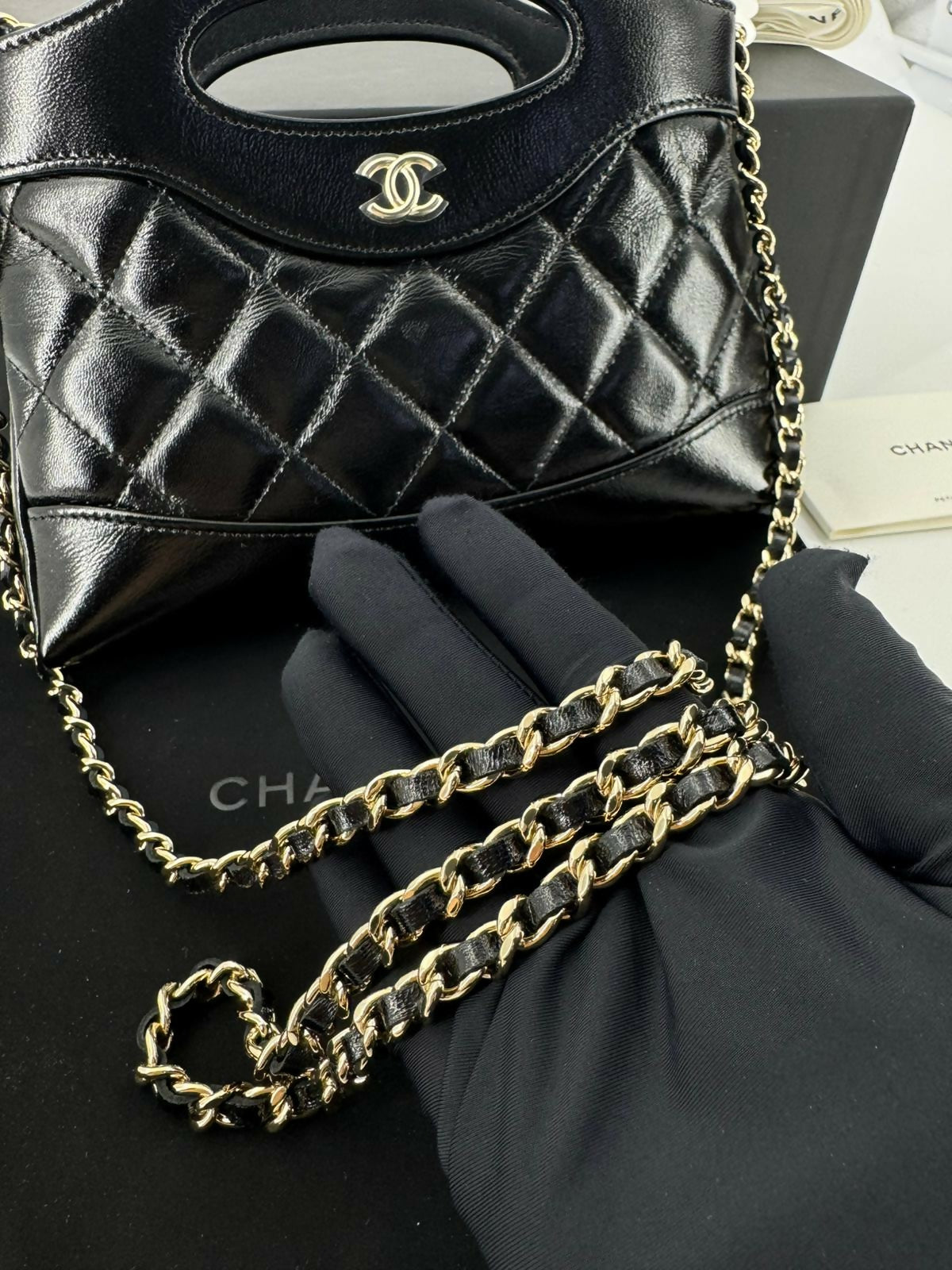 Chanel 31 Nano Black Shiny Lambskin Bag with GHW