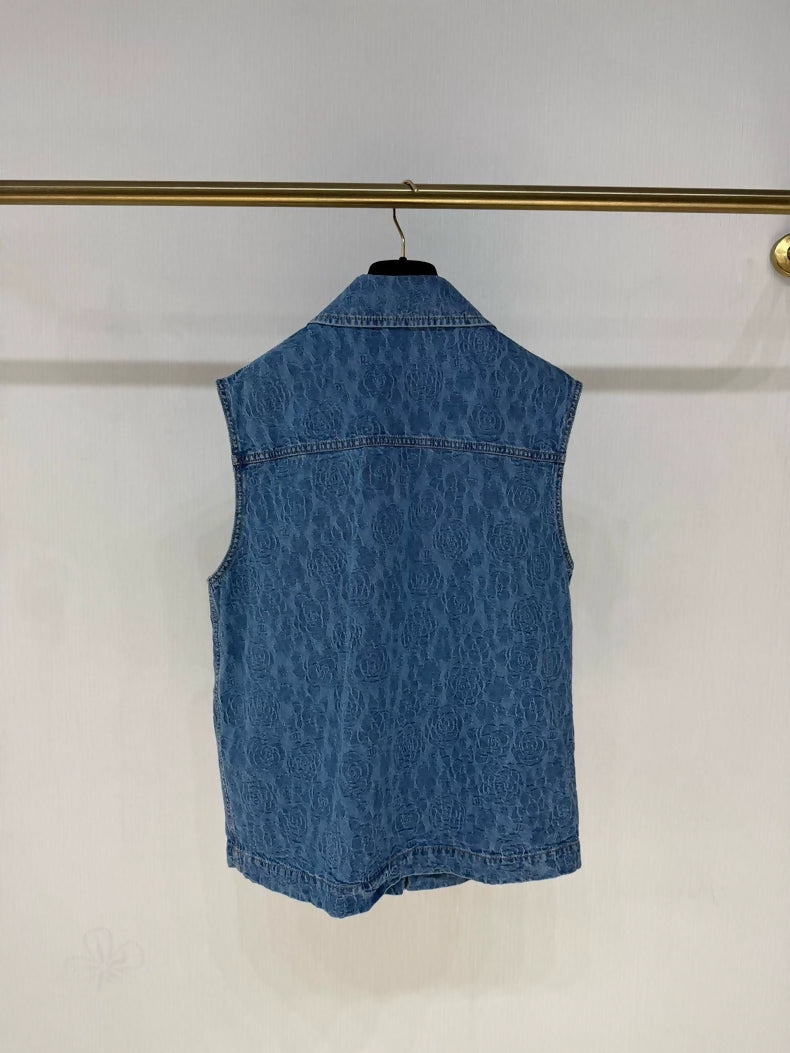 Chanel 23P Camellia Double C Rhinestone Button Denim Vest