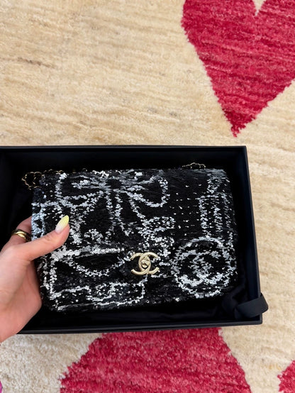 Chanel 24B bow black and white sequined mini flap bag CF