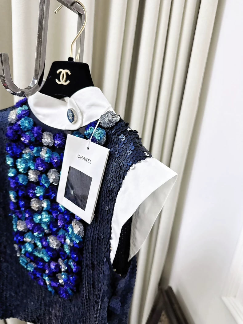Chanel 23C Blue Sequined Silver Purple Floral Top