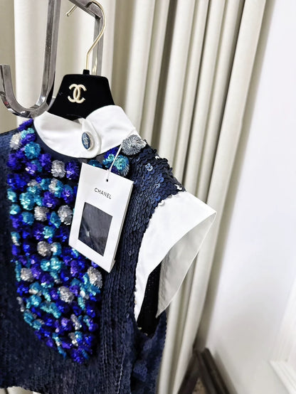 Chanel 23C Blue Sequined Silver Purple Floral Top