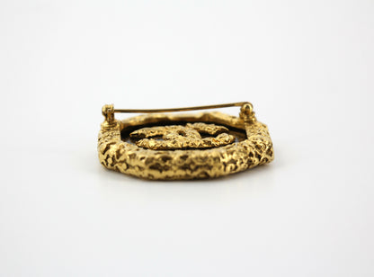 Chanel Vintage 93A Lava Octagonal CC Logo Black and Gold Tone Brooch