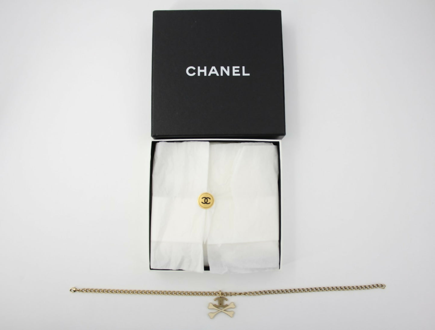 Chanel Vintage 03P Gold-plated CC Enamel White Skull Necklace