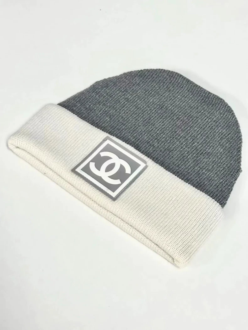 Vintage Chanel beanie with sporty square logo, two ways to wear it.