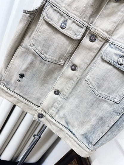 Dior cement grey washed distressed collar sleeveless denim jacket/vest