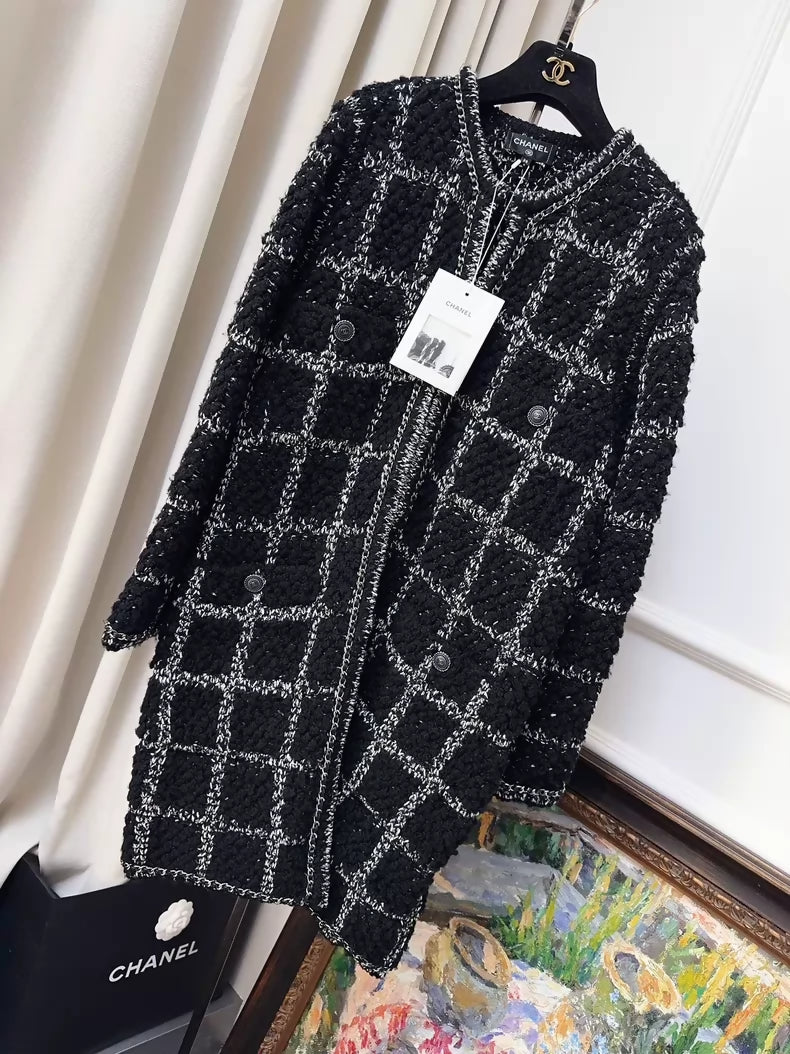 Chanel 19B black checkered chain-trimmed woven wool coat
