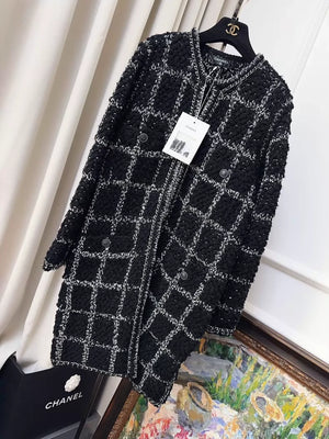 Chanel 19B black checkered chain-trimmed woven wool coat
