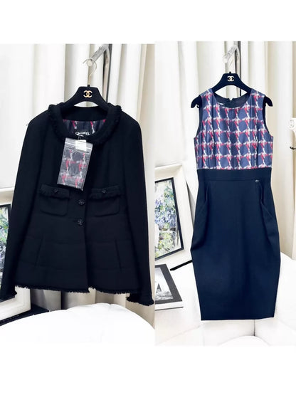 Chanel 08A black purple tweed jacket dress set