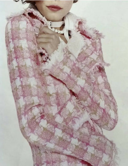 Chanel 04C Pink White Cream Fringe Tweed Checker Jacket FR 42