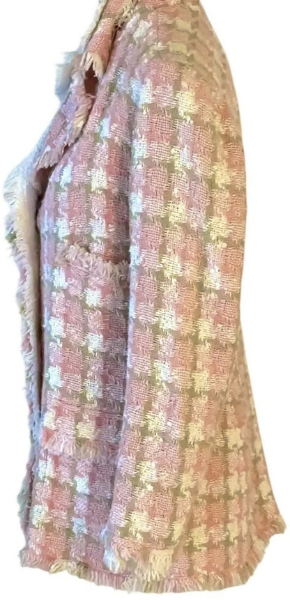 Chanel 04C Pink White Cream Fringe Tweed Checker Jacket FR 42