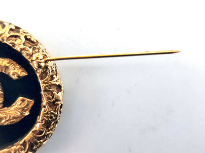 Chanel Vintage 93A Lava Gold Black Coco Mark Round Brooch