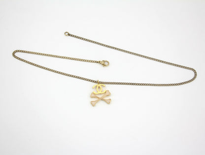 Chanel Vintage 03P Gold-plated CC Enamel White Skull Necklace