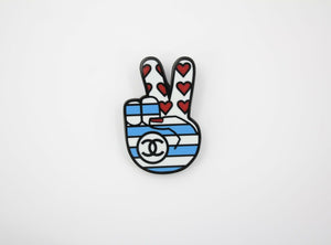 Chanel 16K Resin F "Victory Sign" Brooch in Blue White and Red