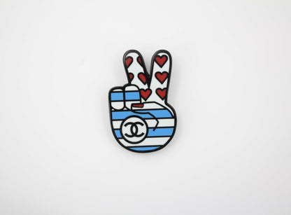 Chanel 16K Resin F "Victory Sign" Brooch in Blue White and Red