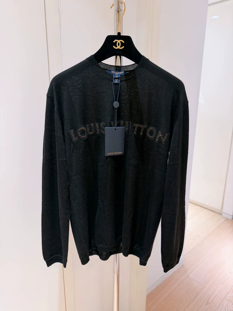 Louis Vuitton logo rhinestone embroidered black cashmere knit sweater