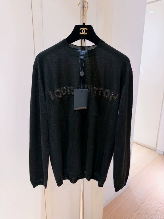 Louis Vuitton logo rhinestone embroidered black cashmere knit sweater