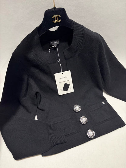 Chanel 22A Black Diamond Button Knit Cardigan