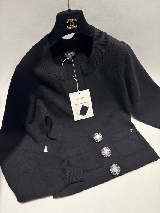 Chanel 22A Black Diamond Button Knit Cardigan