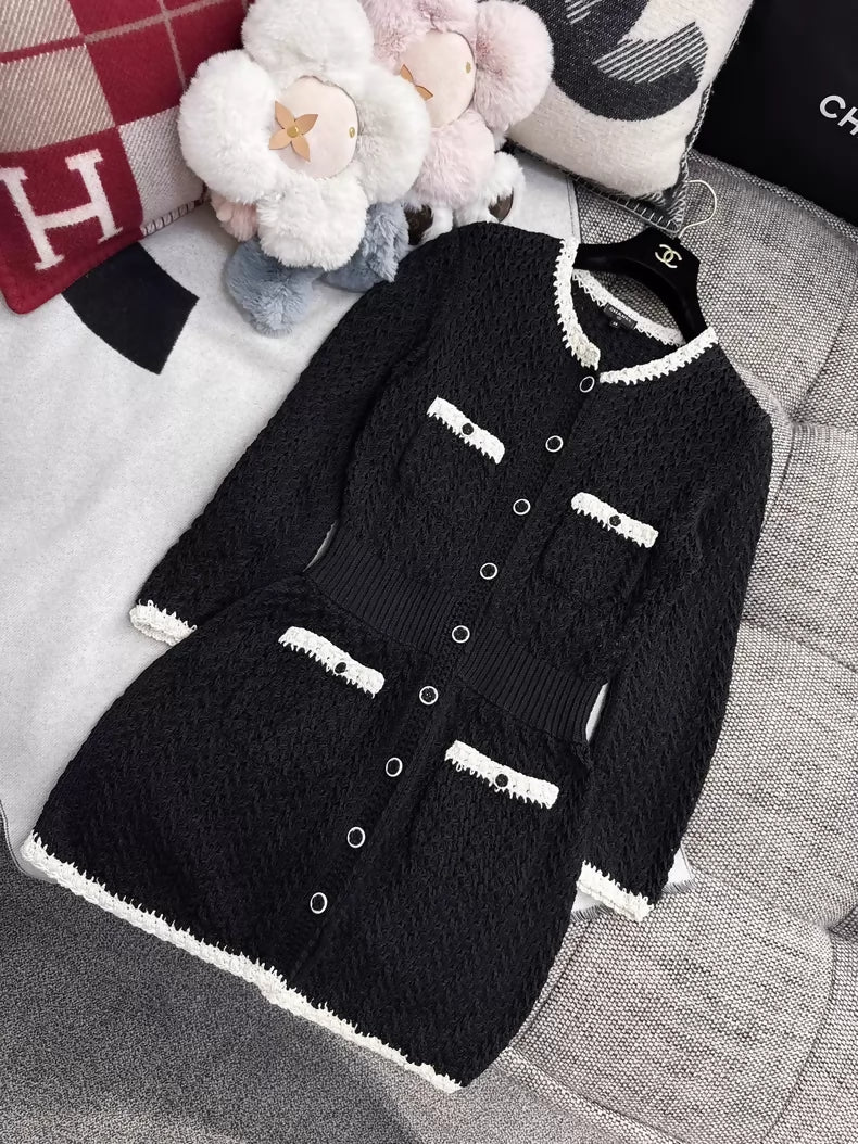 Chanel 22C Black and White Woven Camellia Button-Down Dress